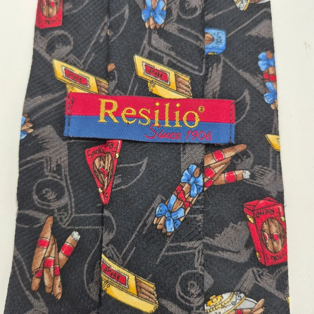 Resilio Mens Silk Necktie Black Novelty Cigar Print Smoking Theme Formal Tie